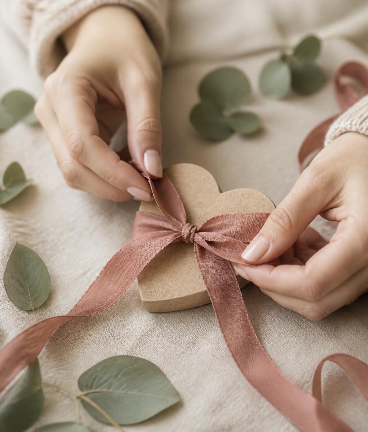 Mãos amarrando um laço de fita rosa em um coração de madeira MDF sobre tecido bege