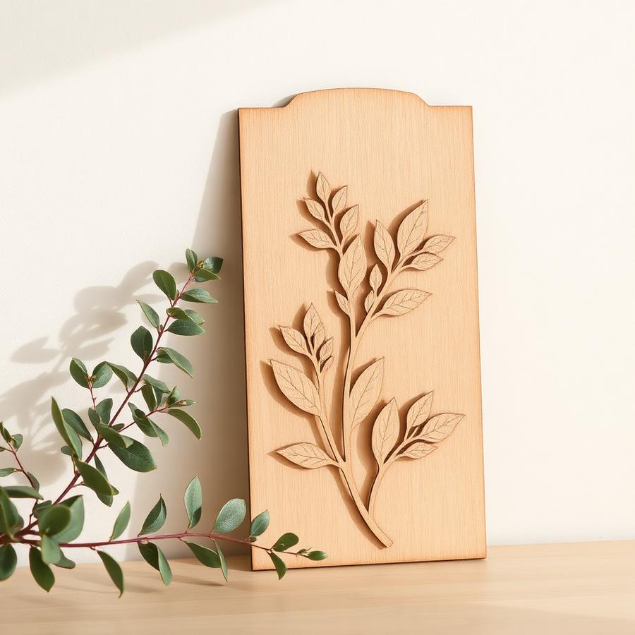Placa decorativa de MDF com ramo botânico entalhado apoiada em parede off white