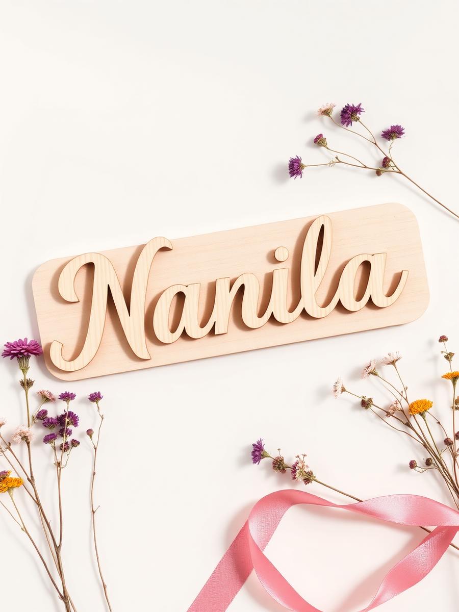 Placa personalizada de madeira com nome em letra cursiva cercada por flores secas
