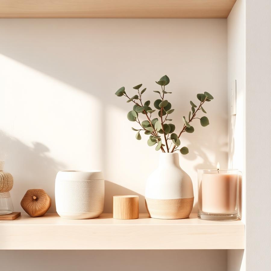 Prateleira decorada com vaso de eucalipto, objetos de madeira e vela rosada