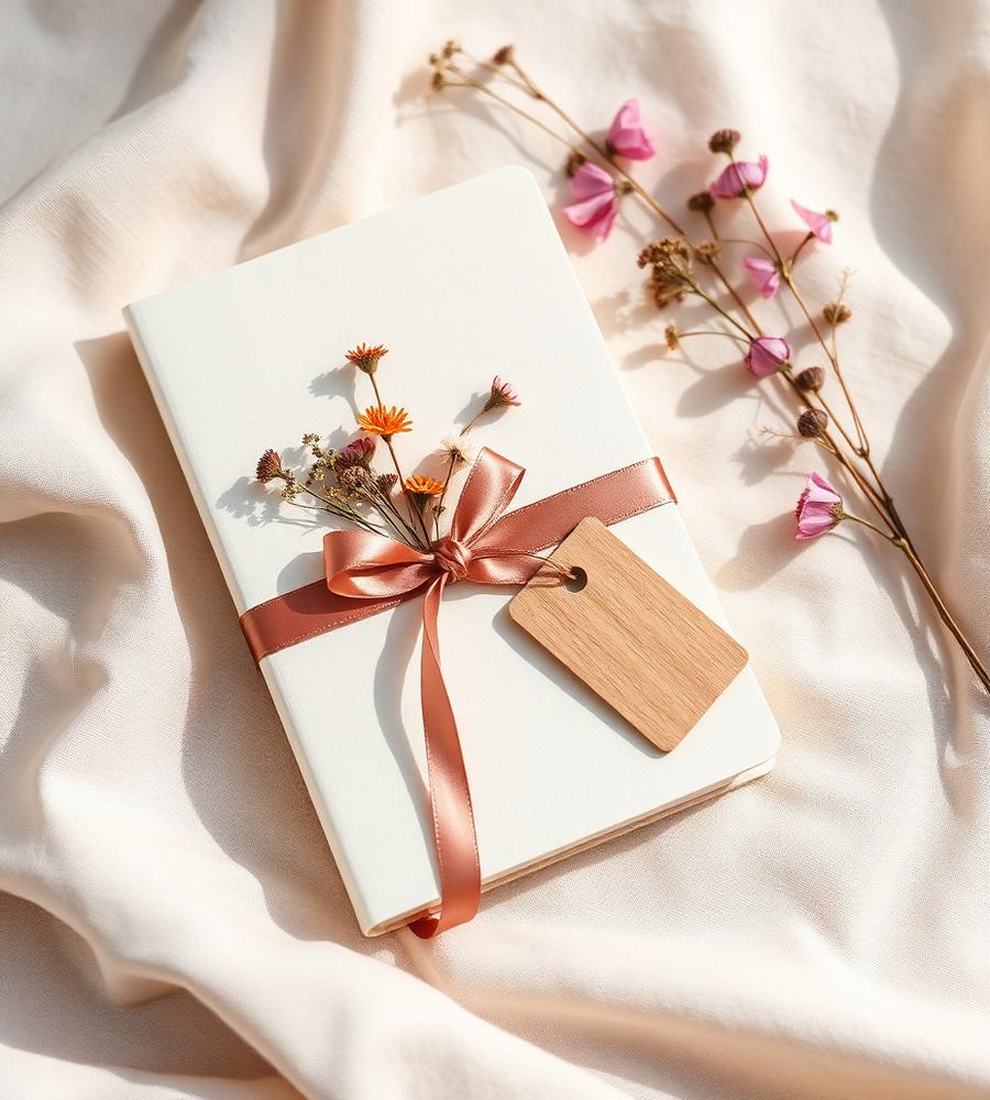 Caderno artesanal off white com fita, flores secas e tag de madeira