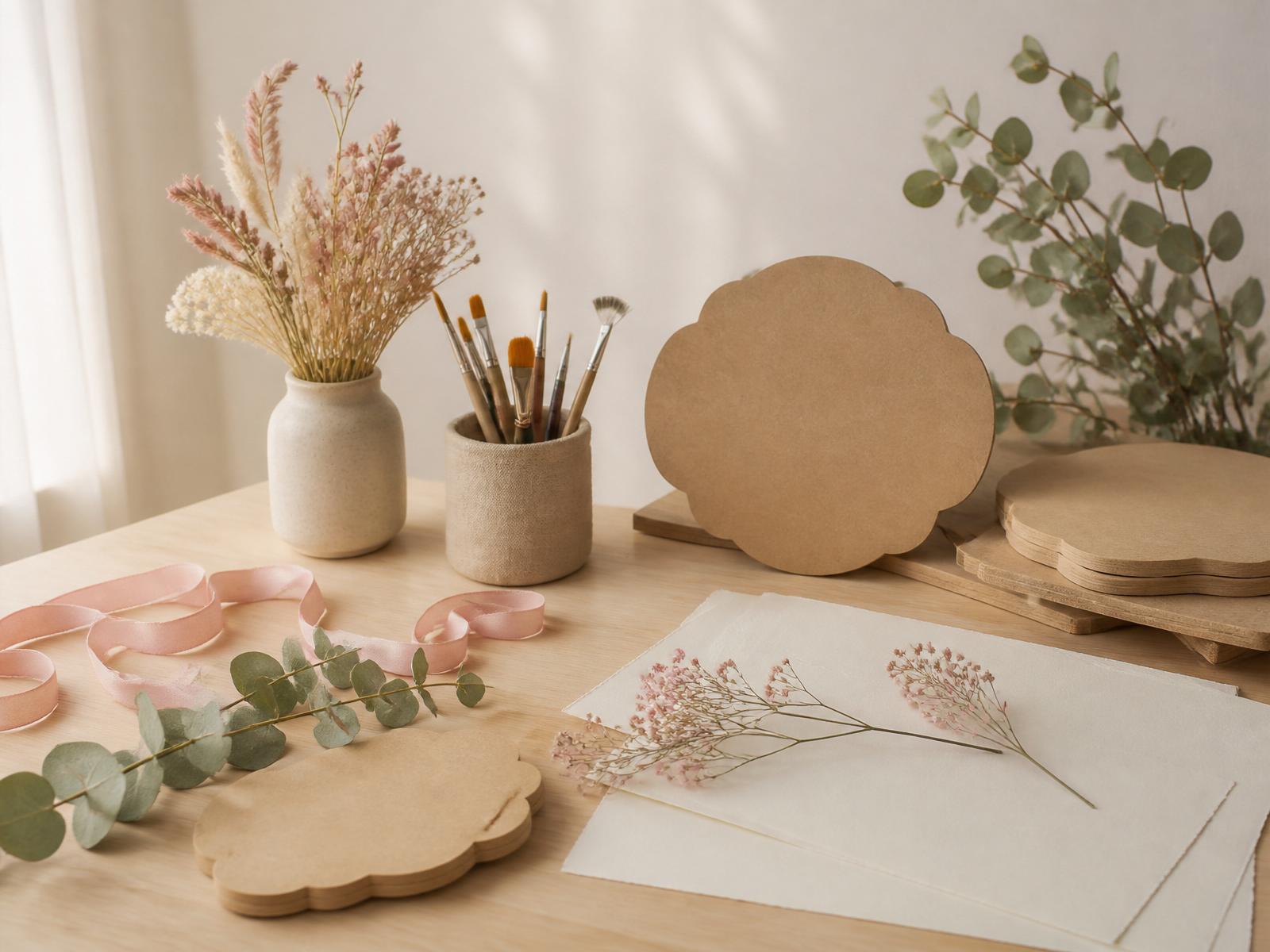 Mesa de ateliê artesanal com peças de MDF, fitas cor-de-rosa, flores secas, pincéis e luz natural